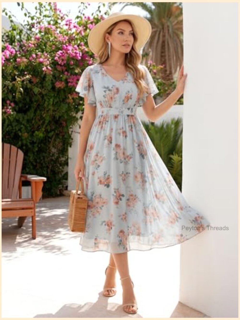 Floral Chiffon Midi A-Line V-Neck Smocked Bodice Short Ruffle Sleeve - Picture 2 of 5